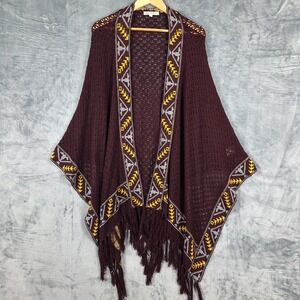 Womens Shawl Large Cardigan Boho Embroidered Fringe Western Tribal Crochet Knit